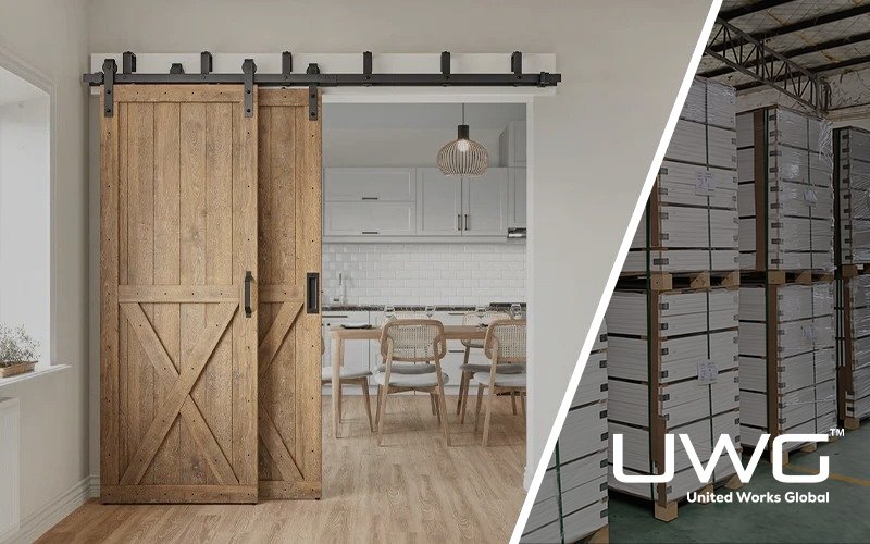 Wood sliding barn door in a modern interior space