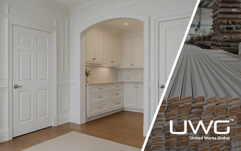 Interior door, archway, and built-in cabinets with classic trim