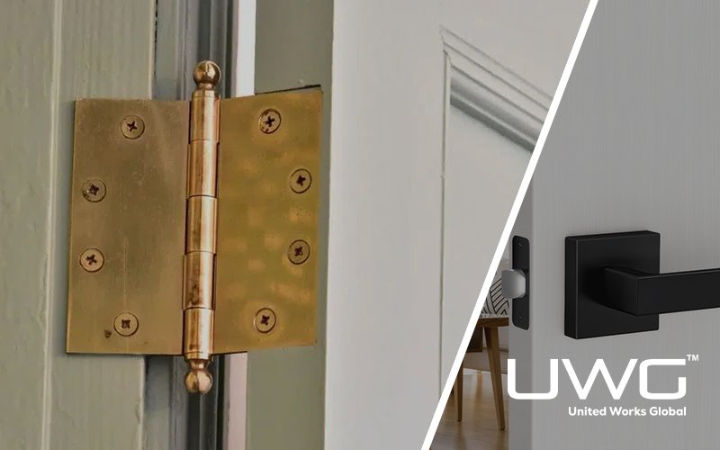 Brass door hinge installed on an interior door frame