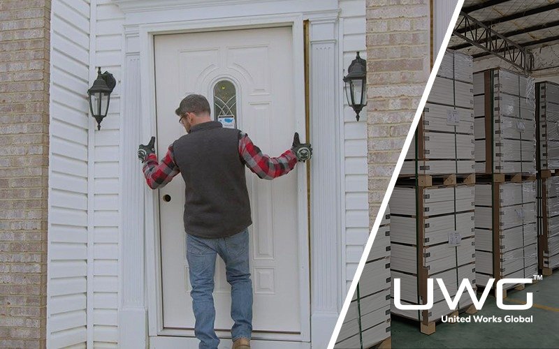 Worker installing a prehung front entry door on a house exterior
