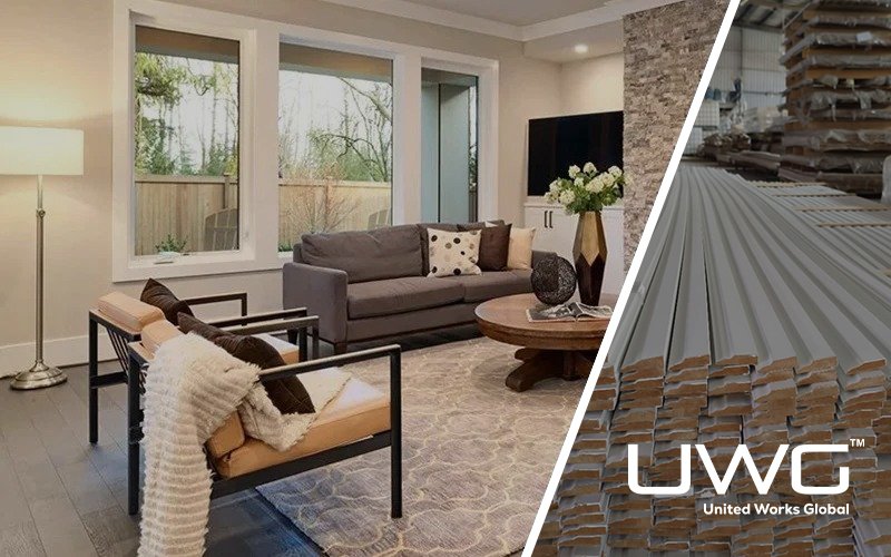 Modern living room with window trim and interior finish details