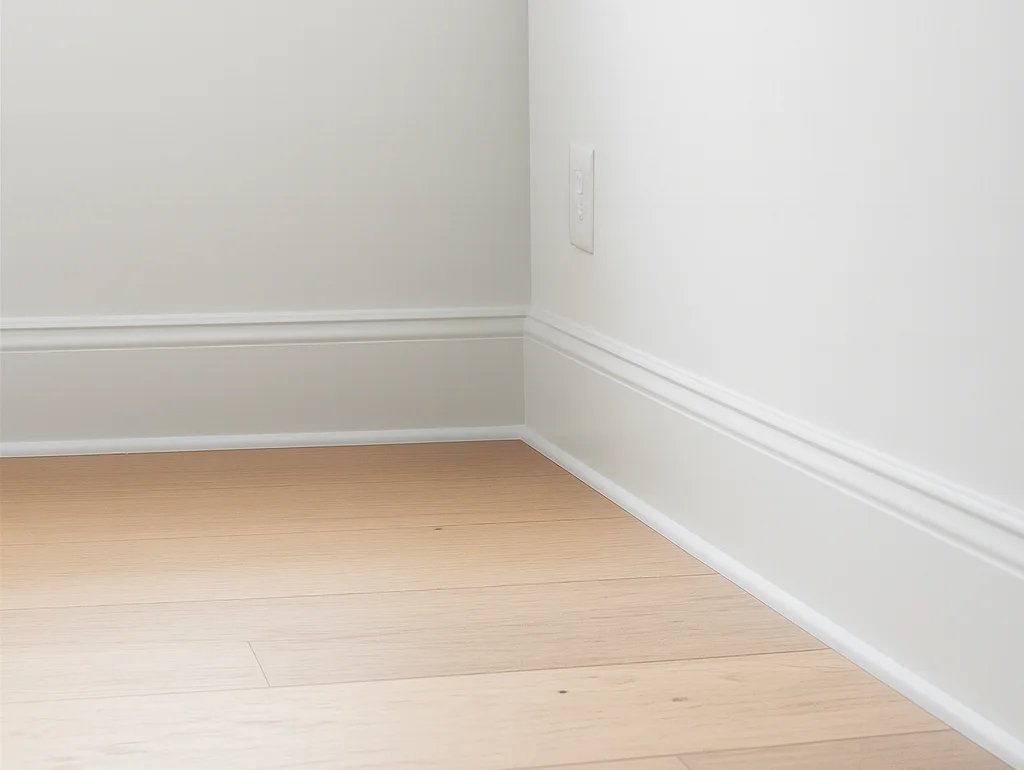 Light wood flooring meets white trim along an interior wall corner.