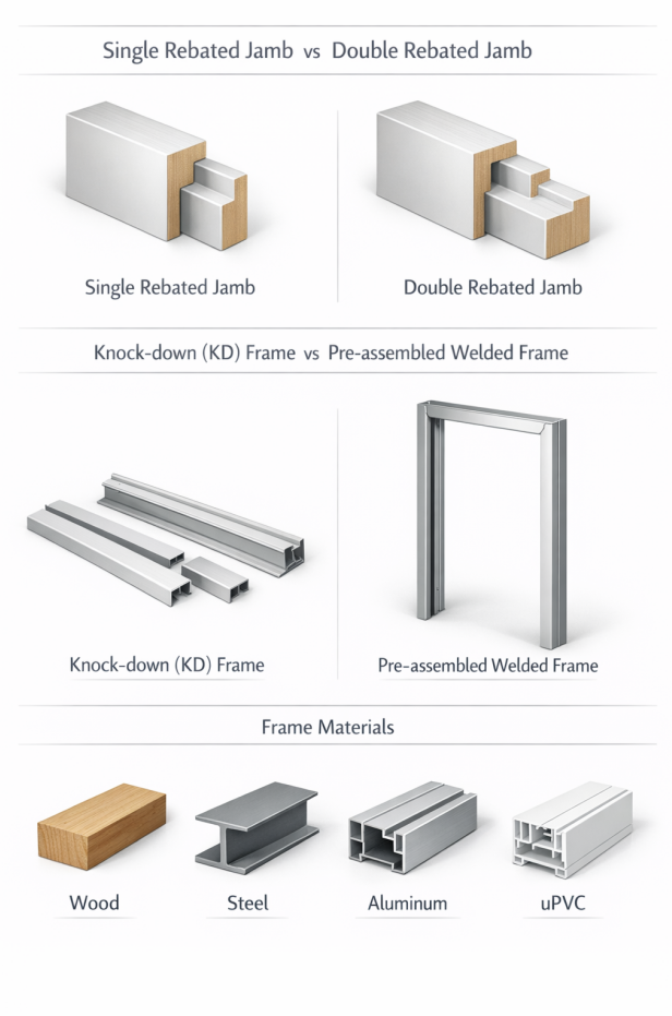Comprehensive comparison of door frame types: Single vs. Double Rebated jambs, KD vs. Pre-assembled construction, and common frame materials (Wood, Steel, Aluminum, uPVC).