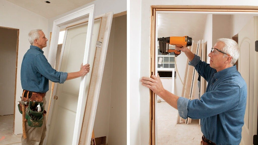 Workers are installing prehung doors