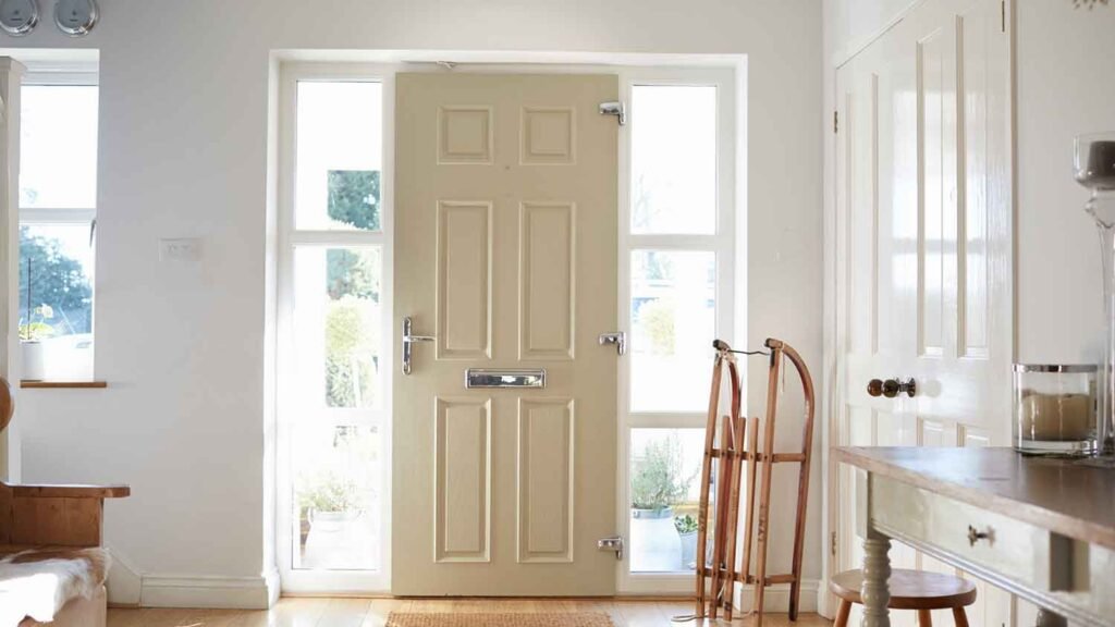 An off-white fiberglass door