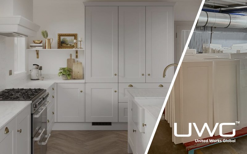 White shaker kitchen cabinets in a modern bright kitchen interior