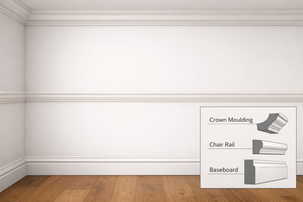 standard interior architectural mouldings: Crown, Chair Rail, and Baseboard
