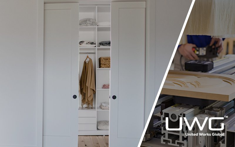 White sliding closet doors with open storage inside