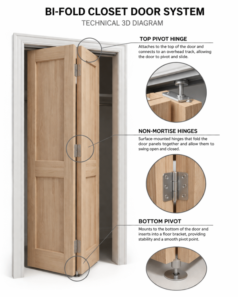 Technical 3D diagram of a bi-fold closet door system.