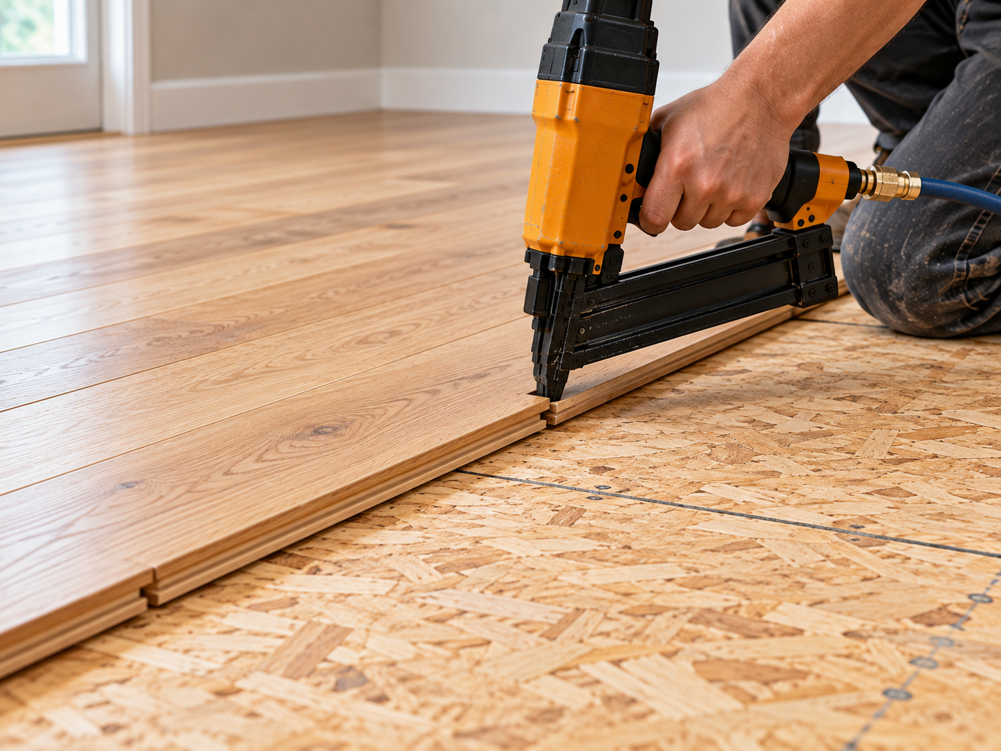 Installer fastening wood flooring to an OSB subfloor with a pneumatic nailer.