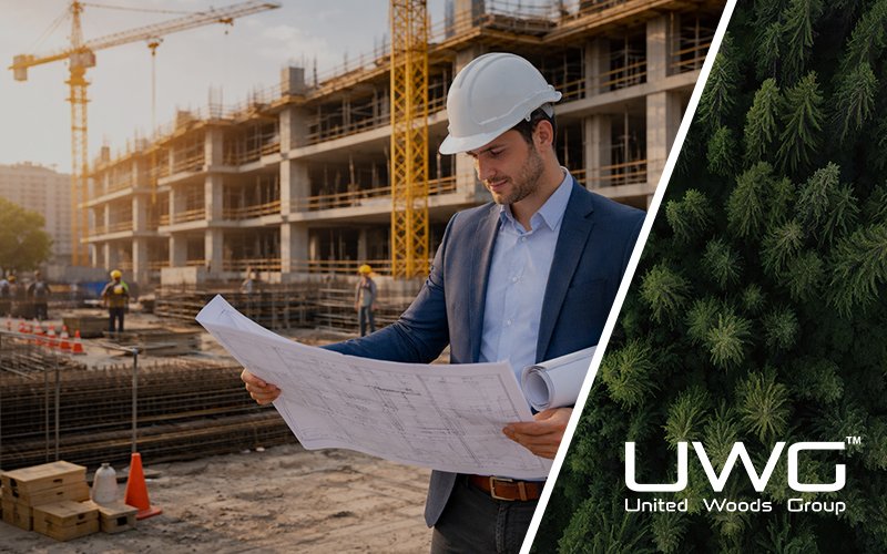 A project manager at a construction site is reviewing blueprints