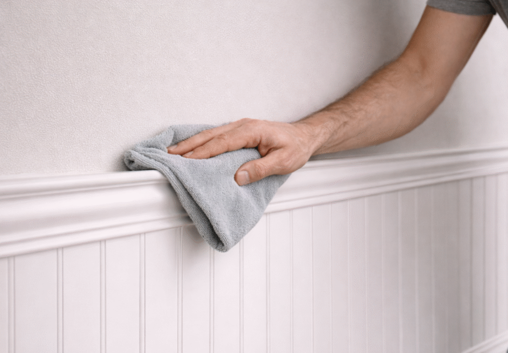 A person is wiping the wainscoting