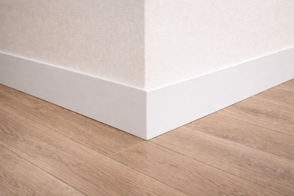 UWG modern white flat MDF baseboard with square-edge profile installed on light oak wood flooring.