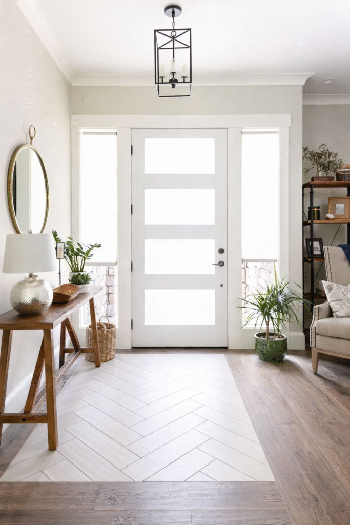 Entryway with herringbone next to hallway with straight plank