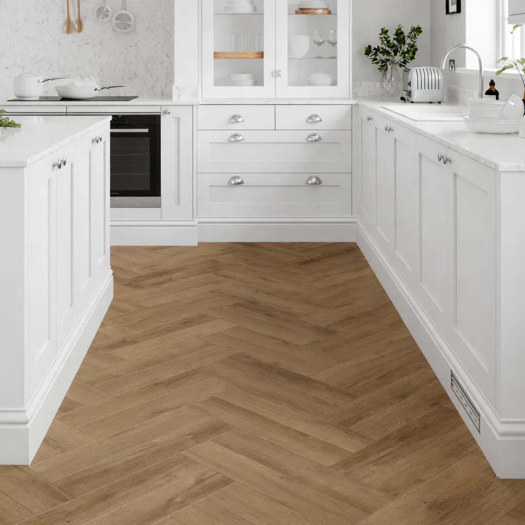 Modern kitchen with herringbone vinyl flooring
