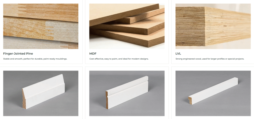 Moulding materials left FJ Pine, middle MDF, right LVL.