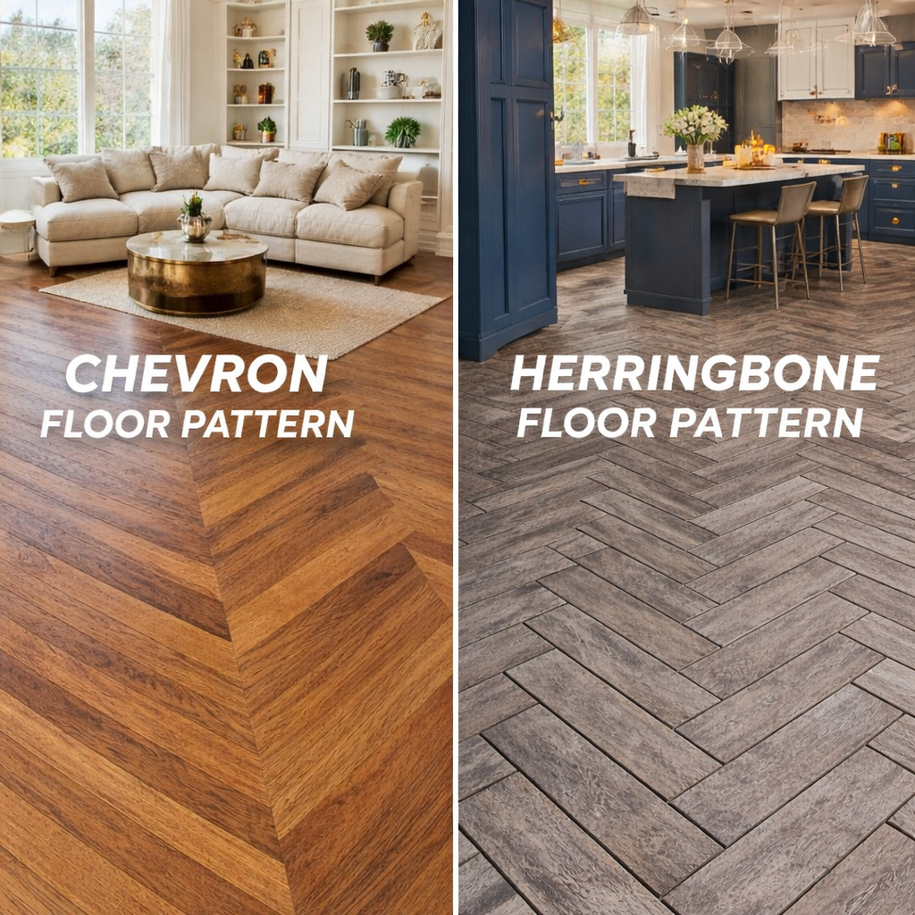 Side-by-side comparison of herringbone and chevron layouts