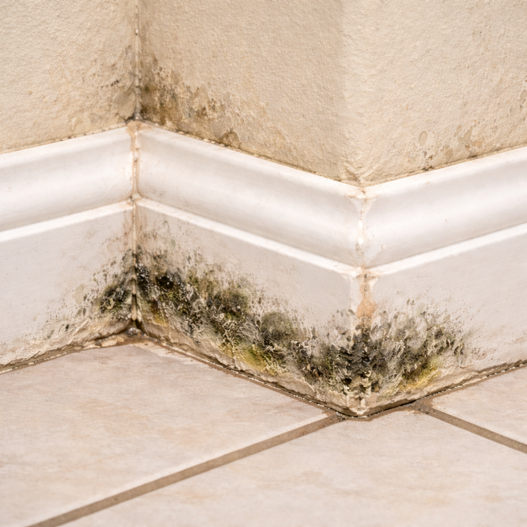 Water-damaged bathroom trim (moldy baseboards)