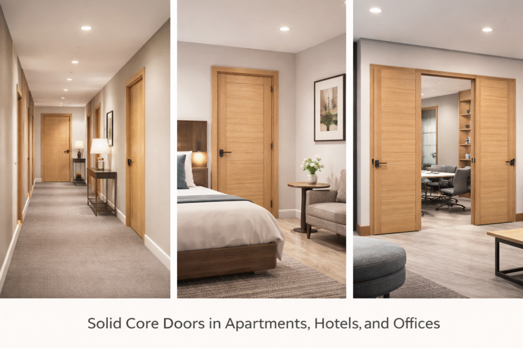 Solid core doors used in apartments, hotels, and commercial buildings