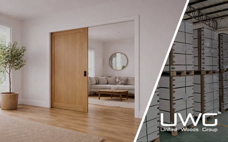 Wood sliding pocket door between two bright modern living spaces