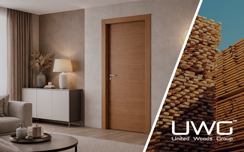 Modern wooden interior door in a minimalist living room with neutral decor