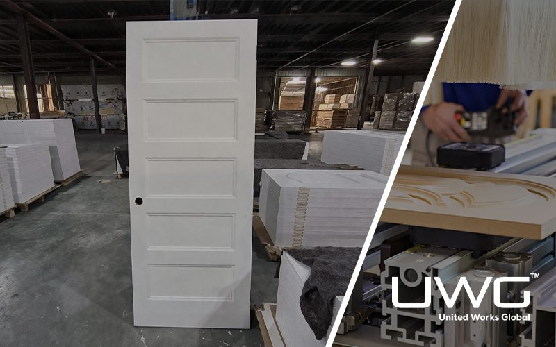 A white five panel interior door standing in a factory warehouse, surrounded by stacked door panels and pallets of materials.