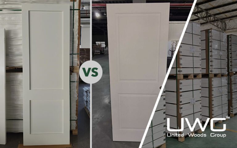 Molded vs shaker interior doors displayed on pallets for comparison