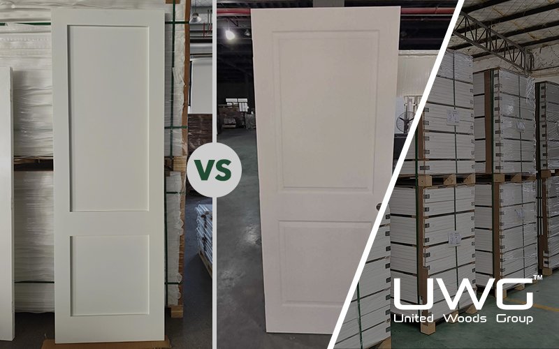 Molded vs shaker interior doors displayed on pallets for comparison