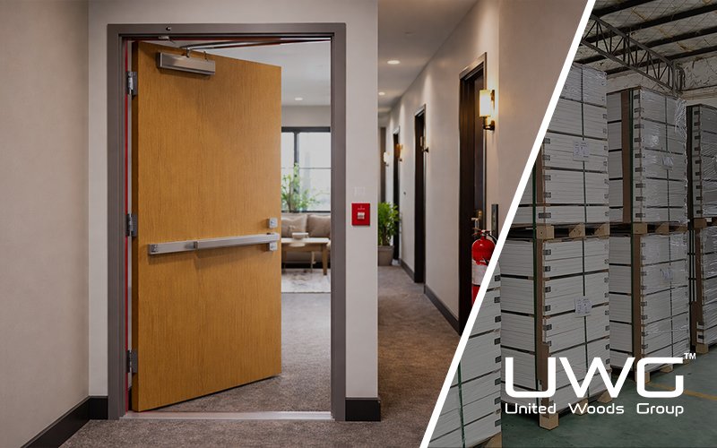 Commercial wood fire rated door with panic bar in an office hallway