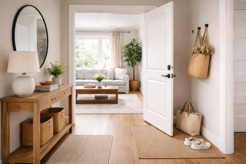 Bright hallway with white door opening into a cozy living room.