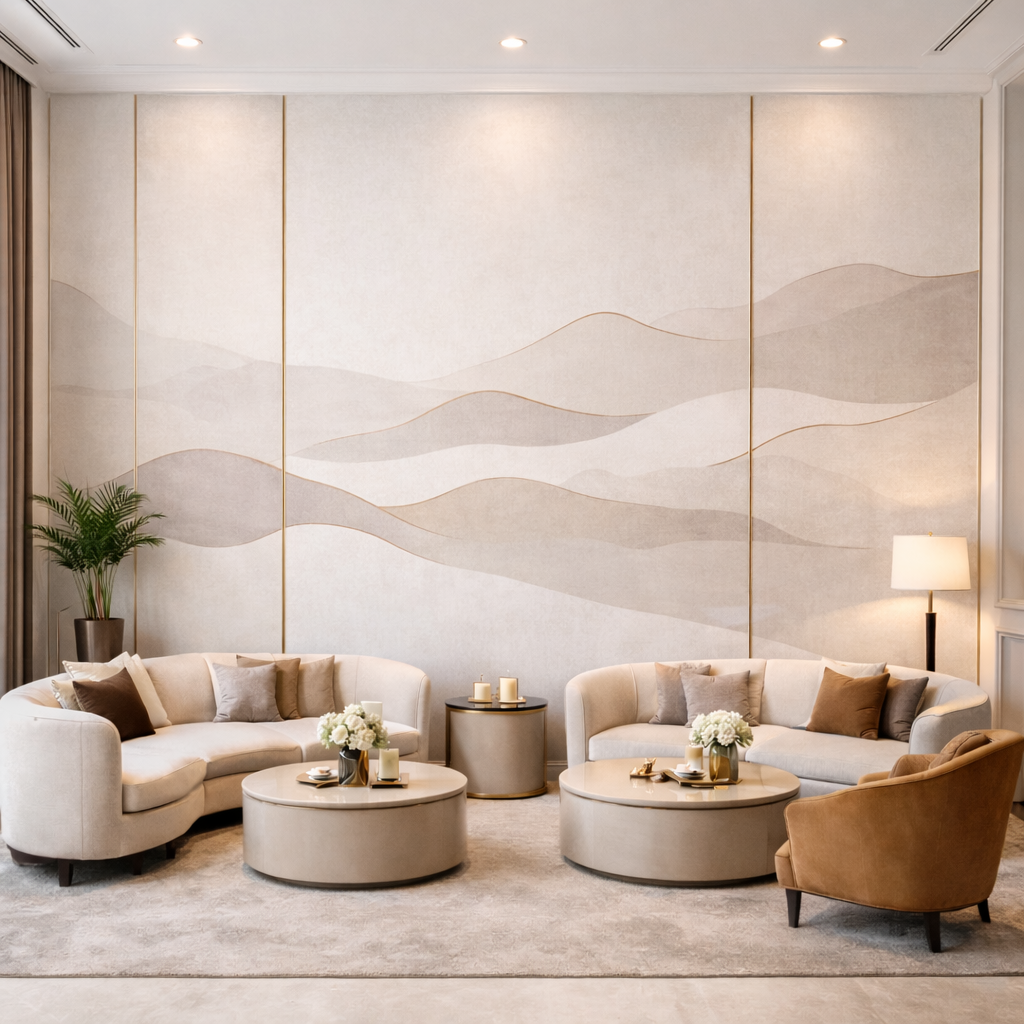 Commercial interior using large decorative wall panels