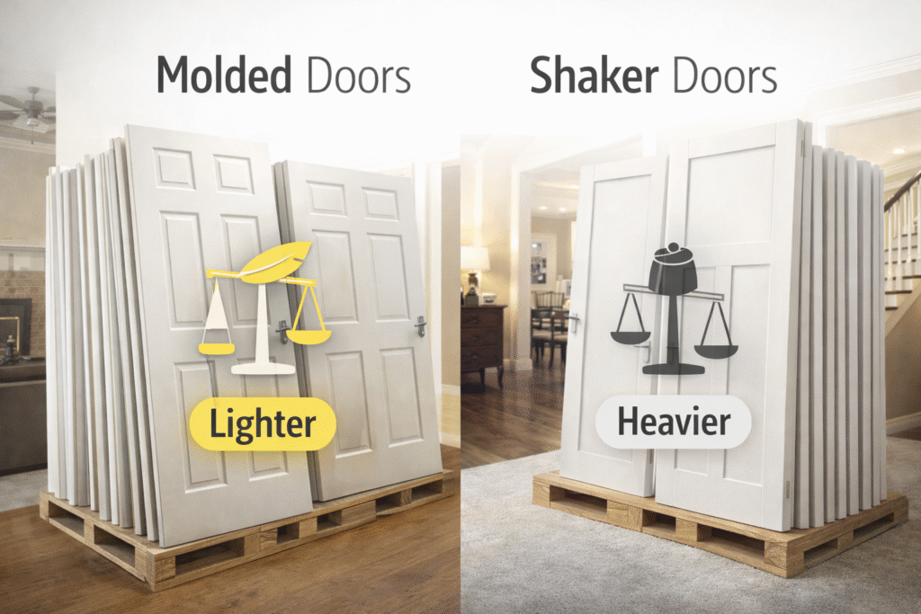 Comparison showing molded doors lighter and shaker doors heavier