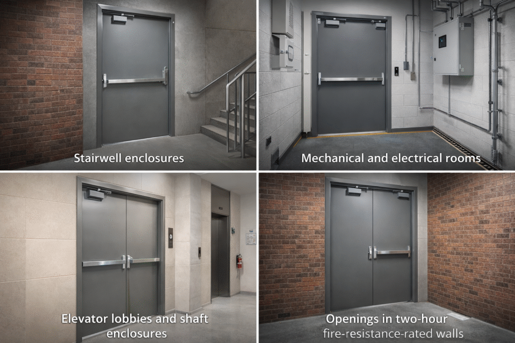 Examples of fire-rated doors used in stairwells, mechanical rooms, elevators, and fire walls