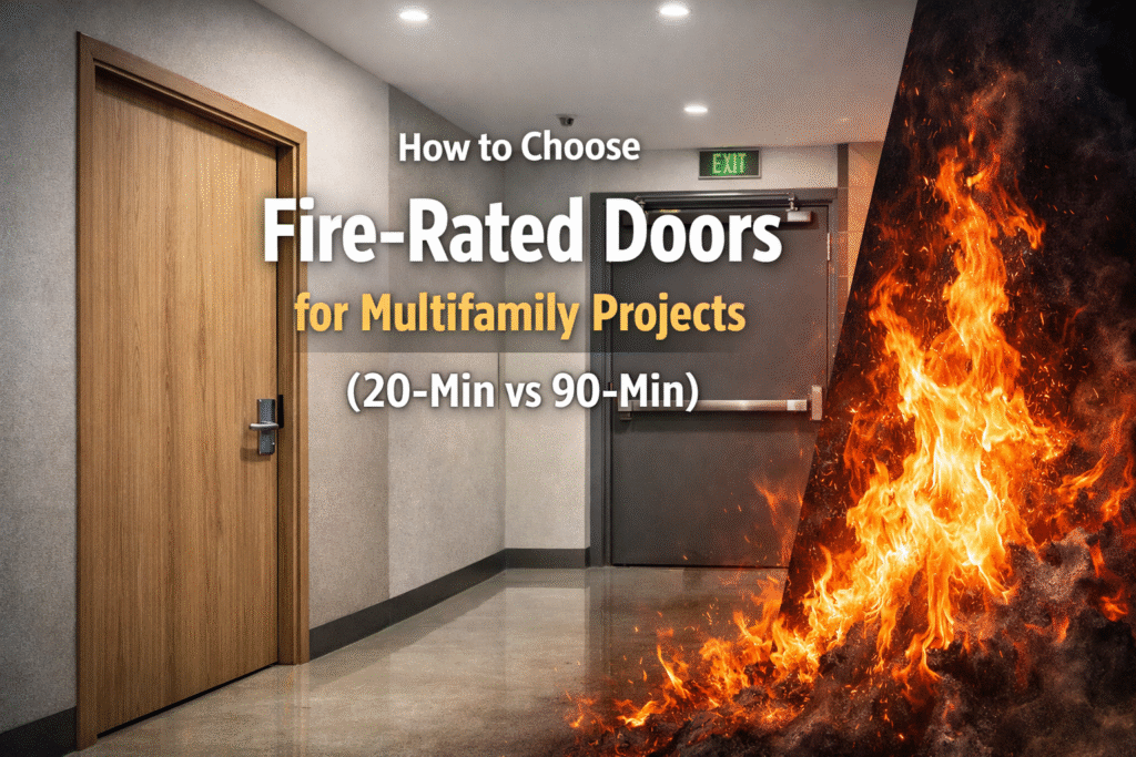Fire-rated door in hallway with flames illustrating fire safety concept