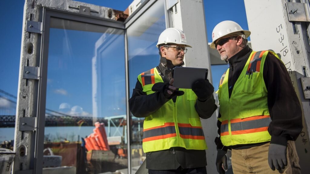 Two construction workers reviewing plans at a job site