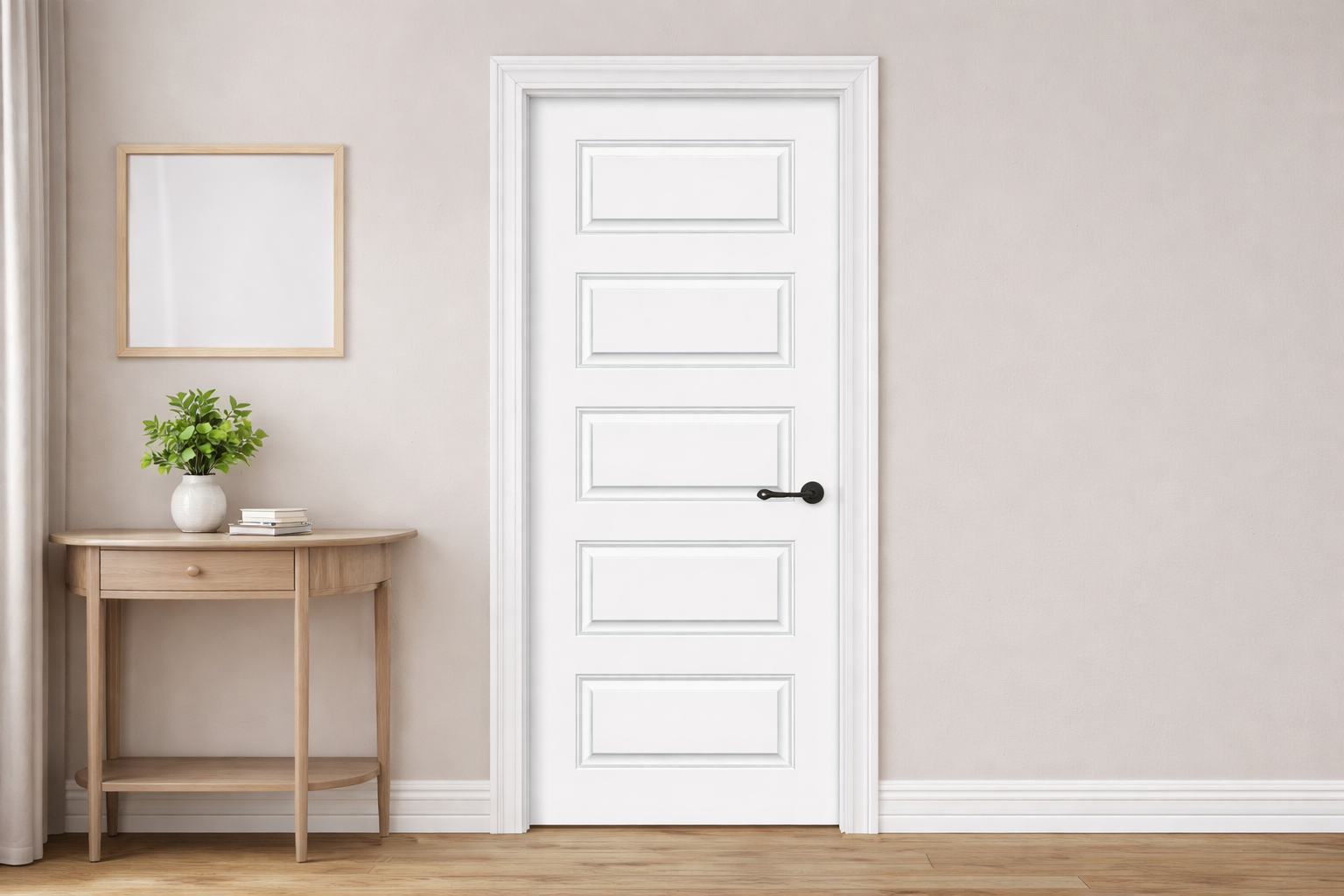 White 5-panel door installed in a modern room with trim and handle