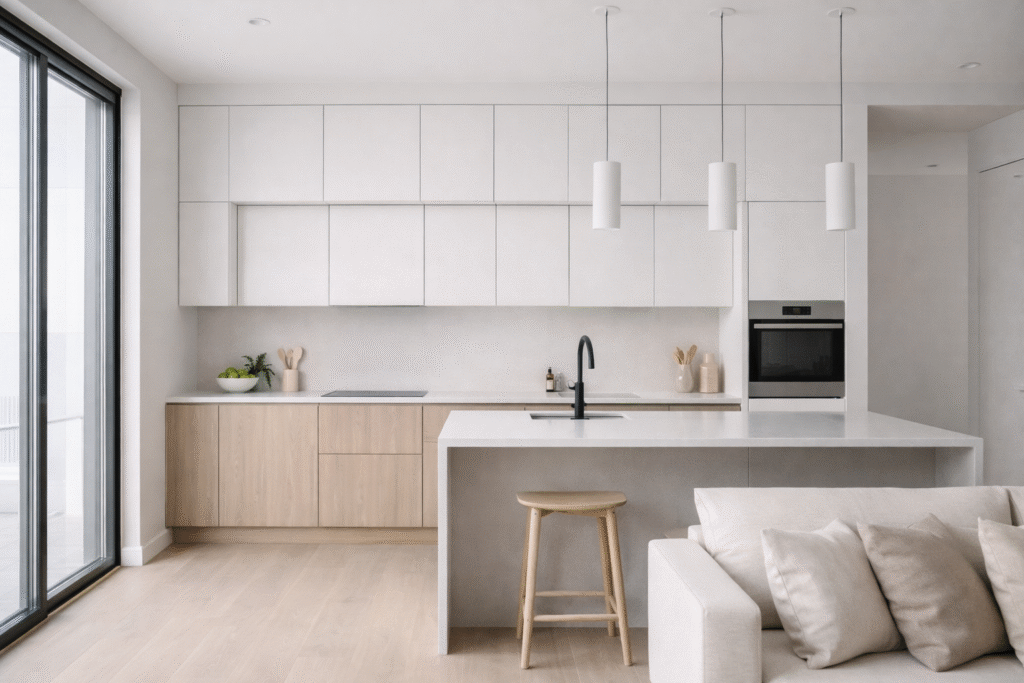 Modern apartment kitchen with flat panel cabinets and matte finish