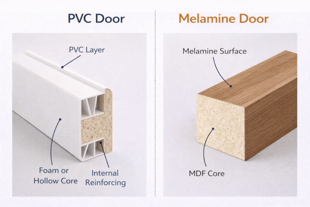 Cross section comparison of PVC door and melamine door core structure
