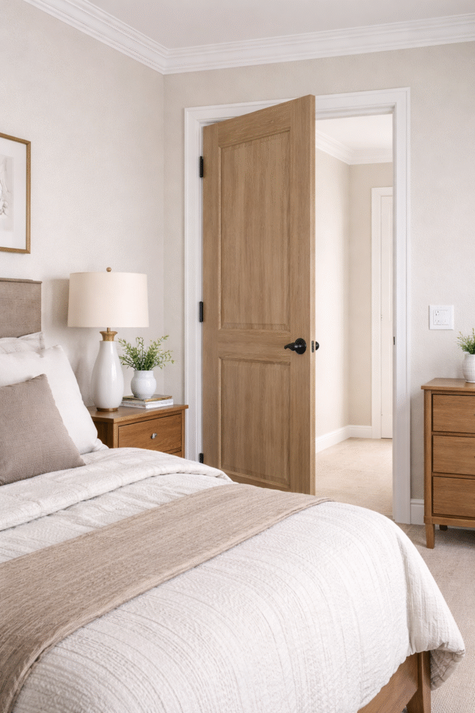 Melamine door with wood grain finish installed in modern bedroom