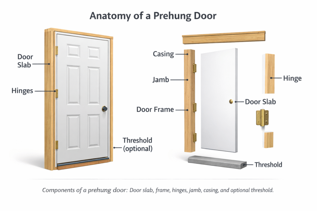 diagram showing components of a prehung door including frame and hinges
