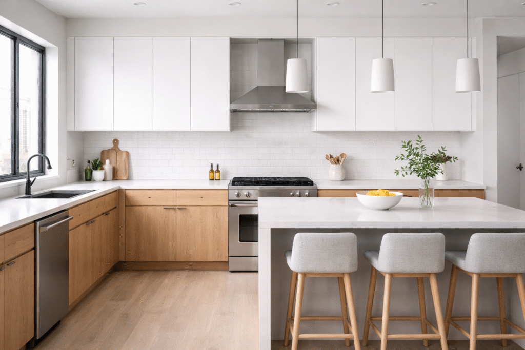 Two tone kitchen cabinets in modern apartment design