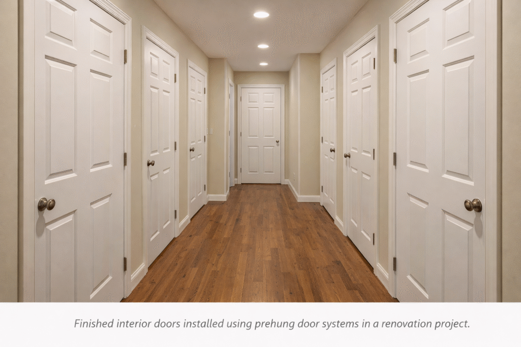 finished interior doors installed using prehung door systems in renovation project