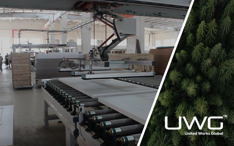 Factory production line with white panels on rollers