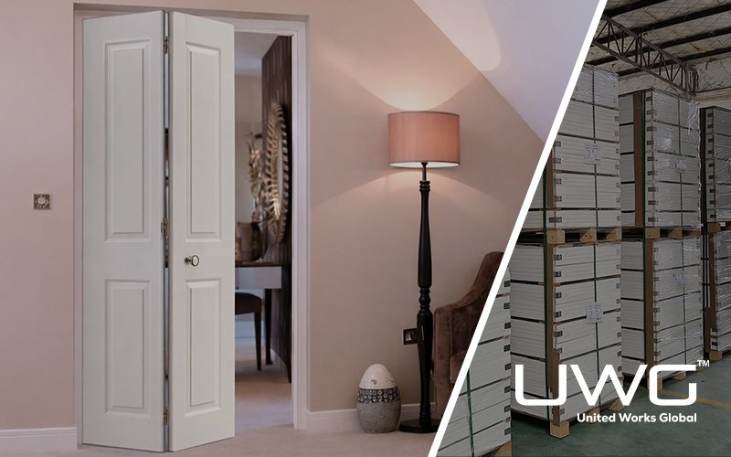 A white bifold interior door partially open in a cozy room with a floor lamp and armchair