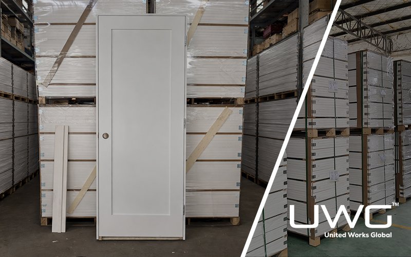 Molded door in warehouse aisle with stacked doors on both sides