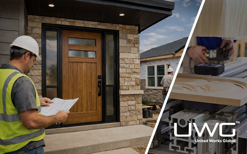 wood look fiberglass door construction site