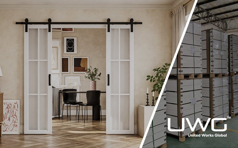 Glass barn doors in a modern living room opening to a dining area