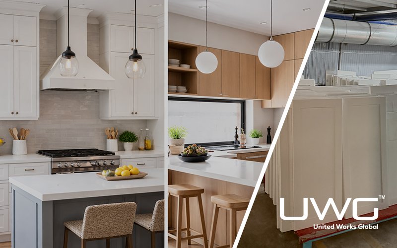 Side by side kitchens showing framed cabinets on the left and frameless cabinets on the right