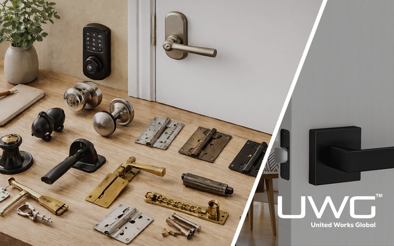 Door hardware set with plain white door and handle