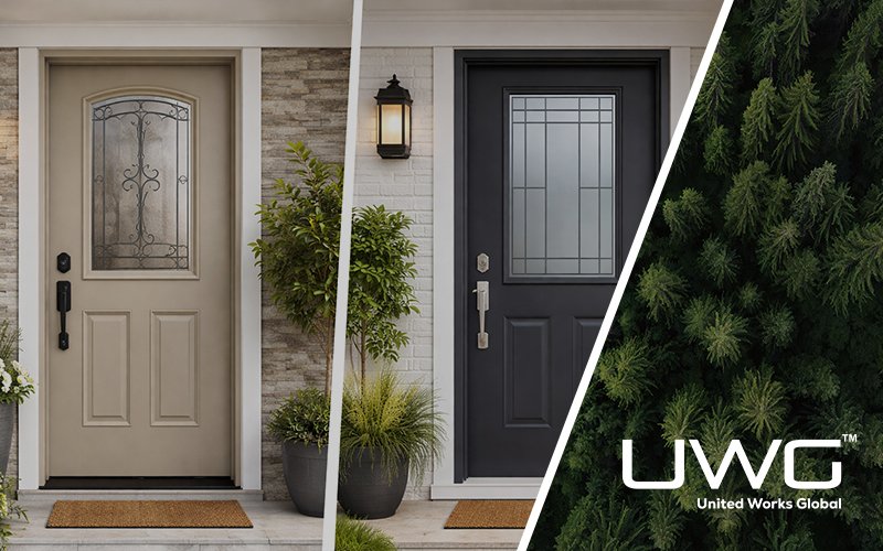 Side by side fiberglass and steel front doors in contrasting home entryways